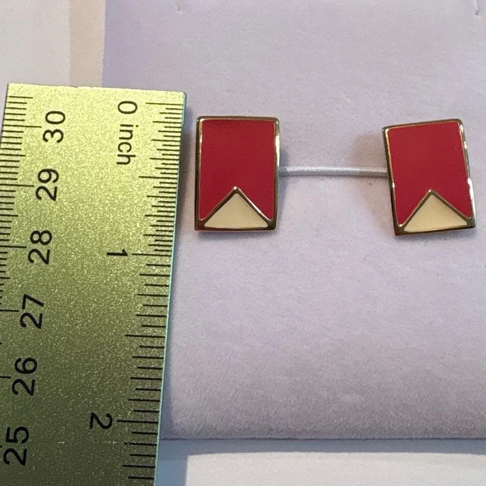 1990s Geometric Pink Cream Enamel Gold Tone Rectangle Stud Earrings Retro Style